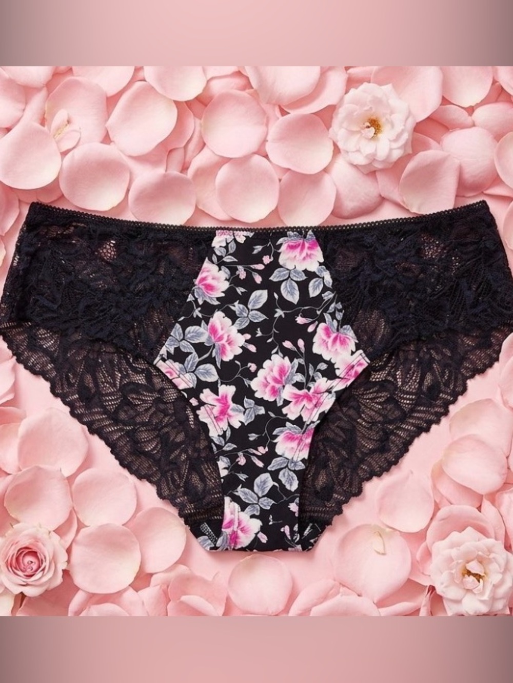 Floral Lace Bikini Panty - Black with Pink Floral